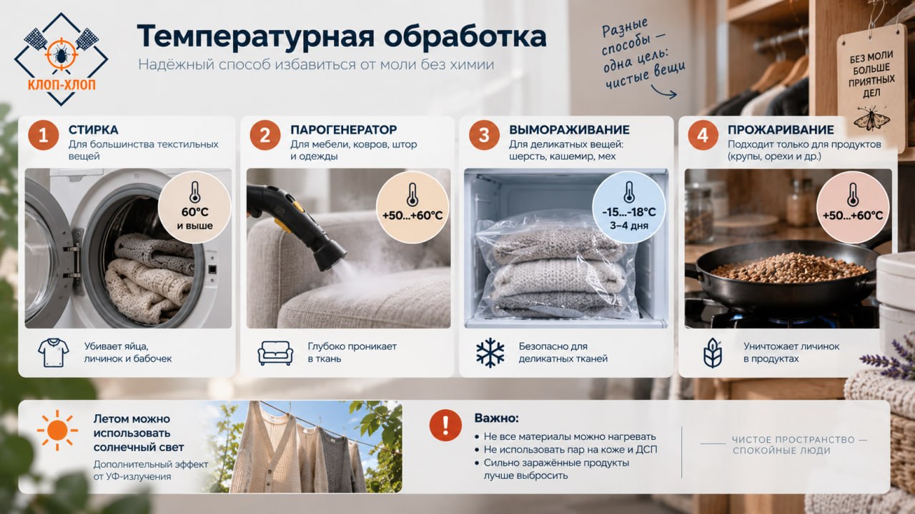 Температурная обработка: стирка, прожаривание, вымораживание и парогенератор